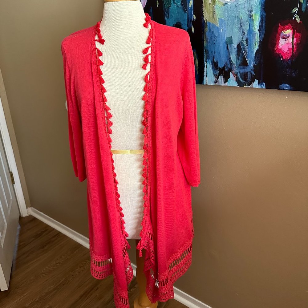 Chicos Pom Pom Fringe Watermelon Red  Cardigan  Size 2 (L)